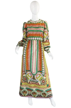 1960s Tribal Print Silk Malcolm Starr Maxi Dress