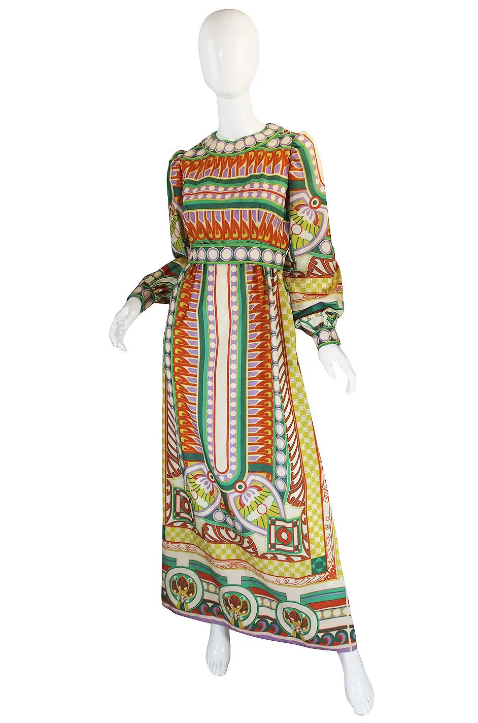 1960s Tribal Print Silk Malcolm Starr Maxi Dress