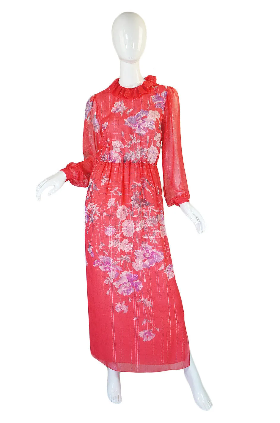 1970s Coral Printed Silk Chiffon Hanae Mori