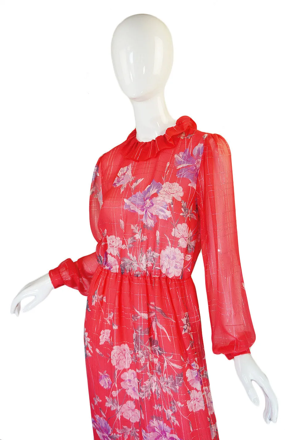 1970s Coral Printed Silk Chiffon Hanae Mori