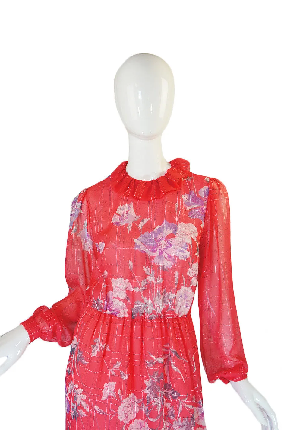 1970s Coral Printed Silk Chiffon Hanae Mori