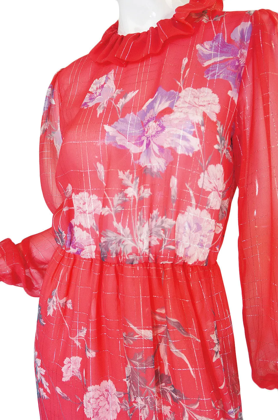 1970s Coral Printed Silk Chiffon Hanae Mori