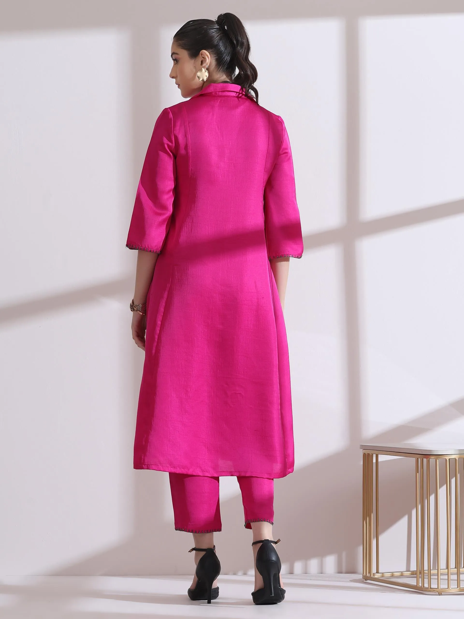2 Pc Set - Prf'T Lux Fuchsia Collar Kurta With Pants