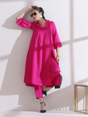 2 Pc Set - Prf'T Lux Fuchsia Collar Kurta With Pants