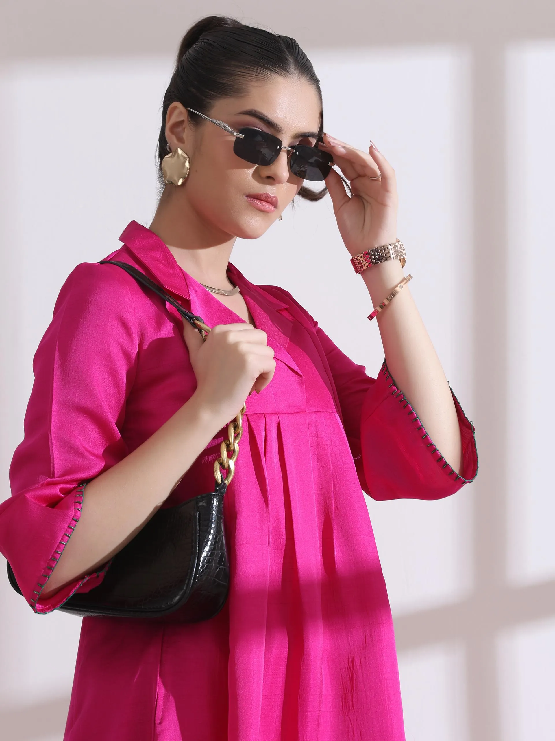 2 Pc Set - Prf'T Lux Fuchsia Collar Kurta With Pants