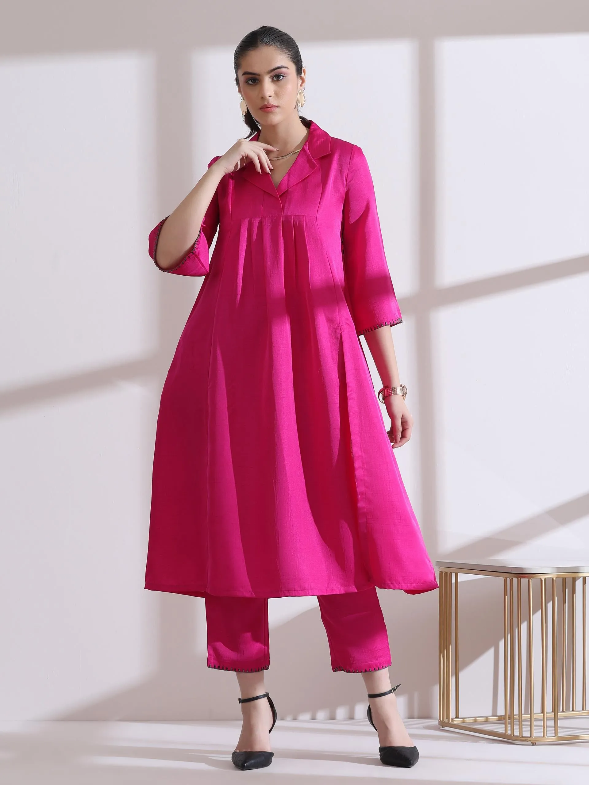 2 Pc Set - Prf'T Lux Fuchsia Collar Kurta With Pants