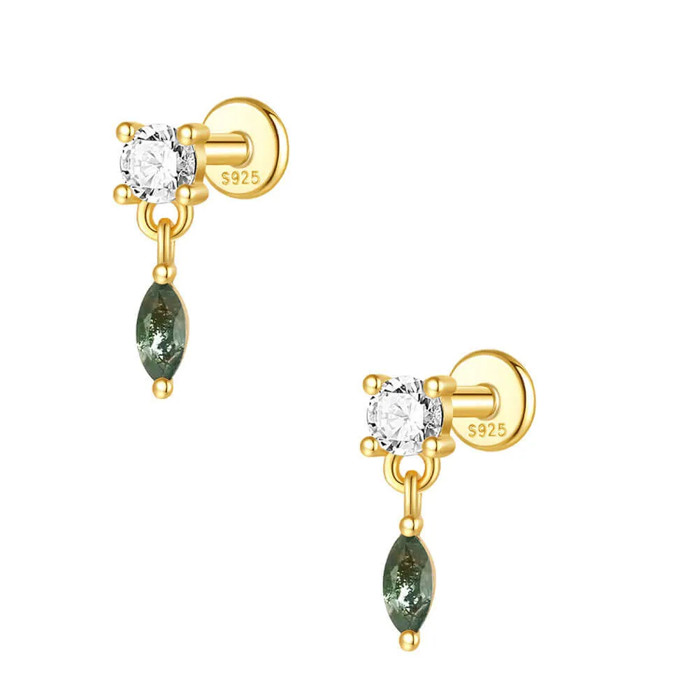 925 Silver Natural Oval Pendant Moss Agate Flat Back Earrings