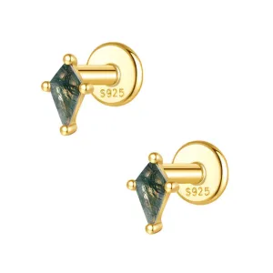 925 Silver Natural Quadrangular Moss Agate Flat Back Earrings