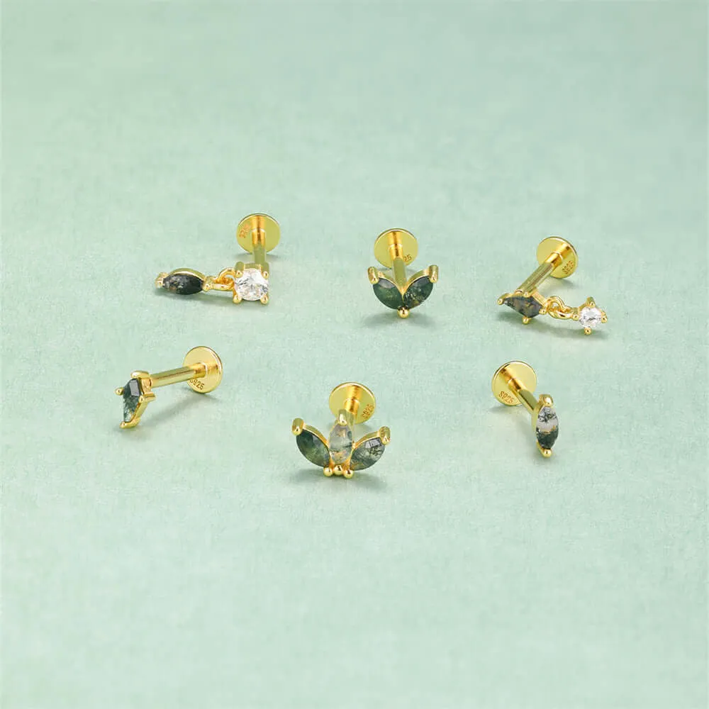 925 Silver Natural Quadrangular Moss Agate Flat Back Earrings