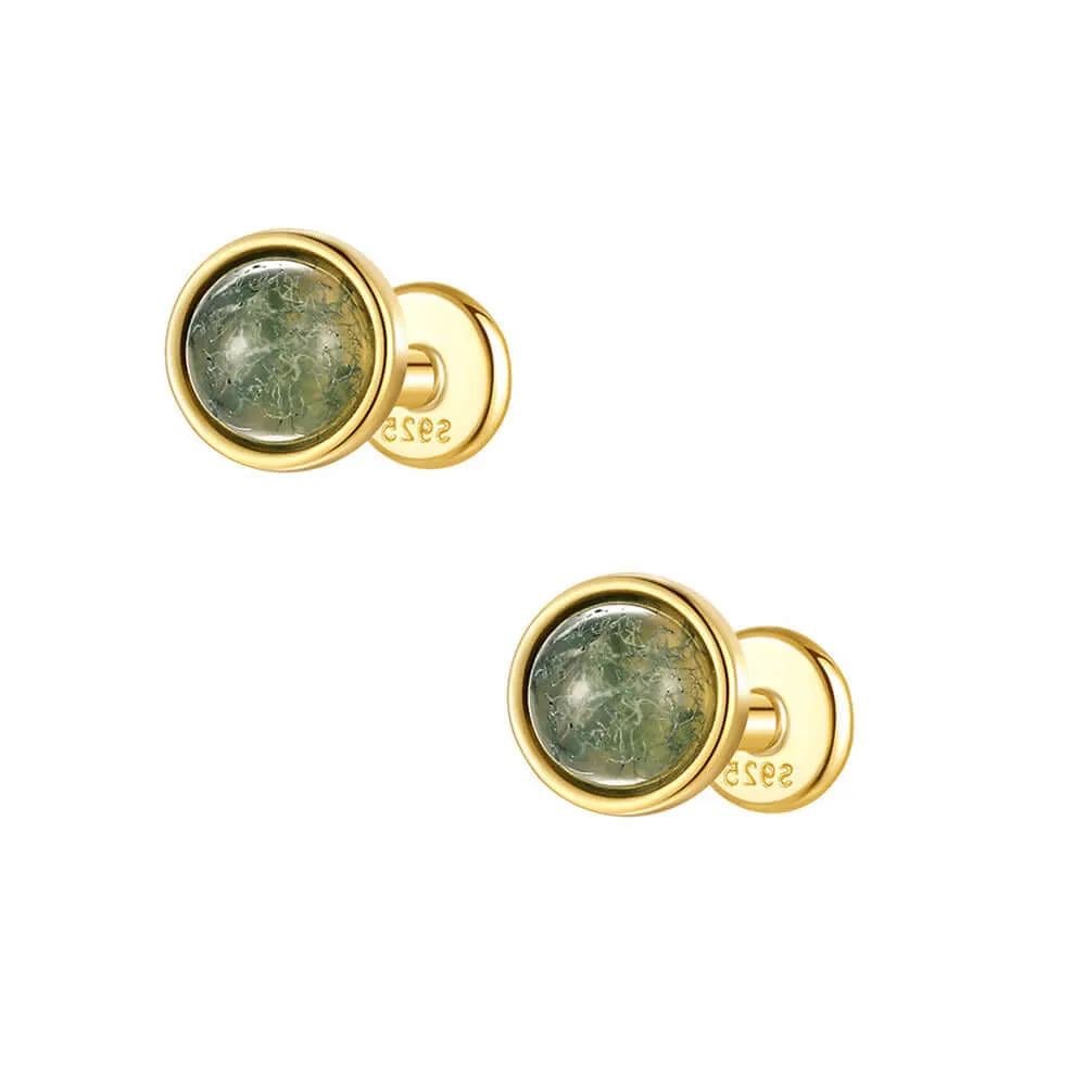 925 Silver Natural Single Round Moss Agate Flat Back Earrings