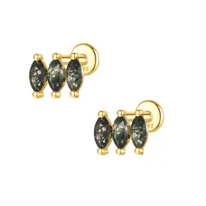 925 Silver Natural Three-Row Moss Agate Flat Back Earrings