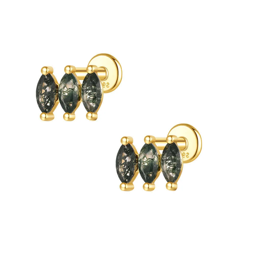 925 Silver Natural Three-Row Moss Agate Flat Back Earrings