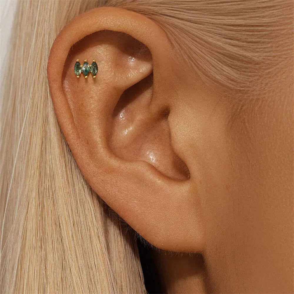 925 Silver Natural Three-Row Moss Agate Flat Back Earrings