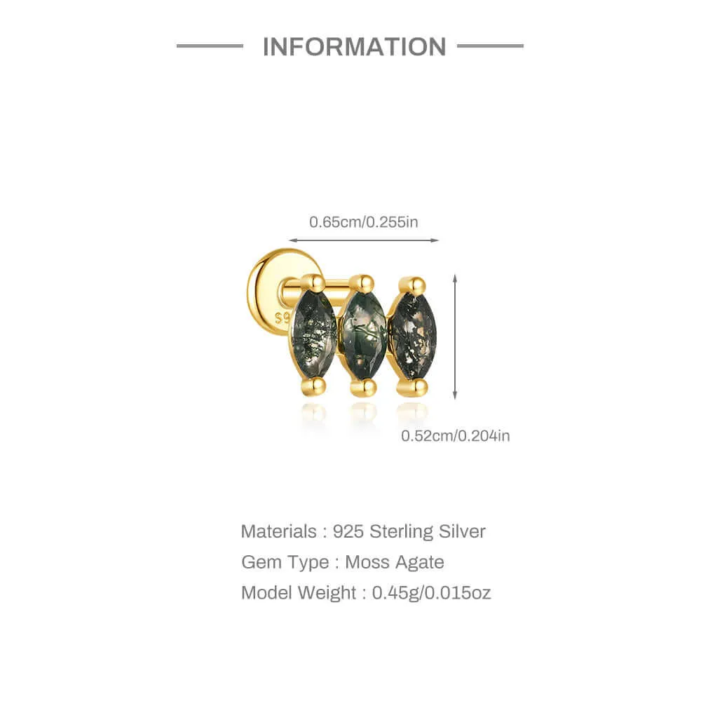 925 Silver Natural Three-Row Moss Agate Flat Back Earrings