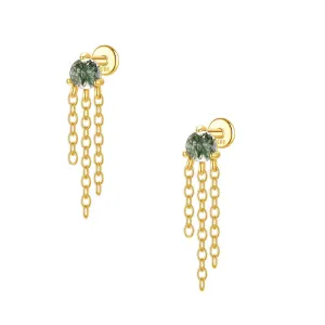925 Silver Natural Three Tassel Moss Agate Flat Back Earrings