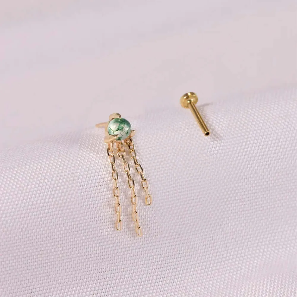 925 Silver Natural Three Tassel Moss Agate Flat Back Earrings