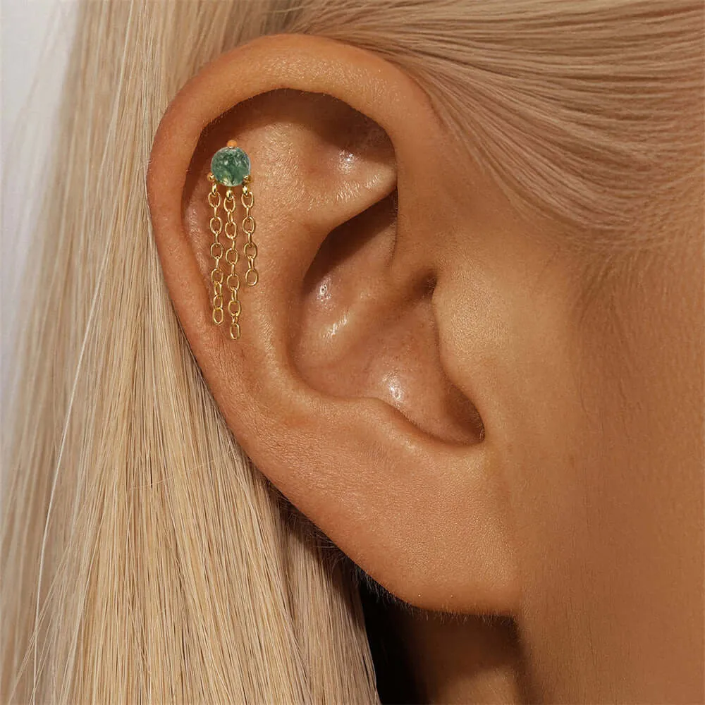 925 Silver Natural Three Tassel Moss Agate Flat Back Earrings