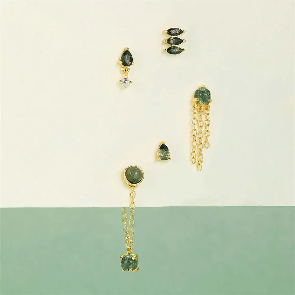 925 Silver Natural Three Tassel Moss Agate Flat Back Earrings