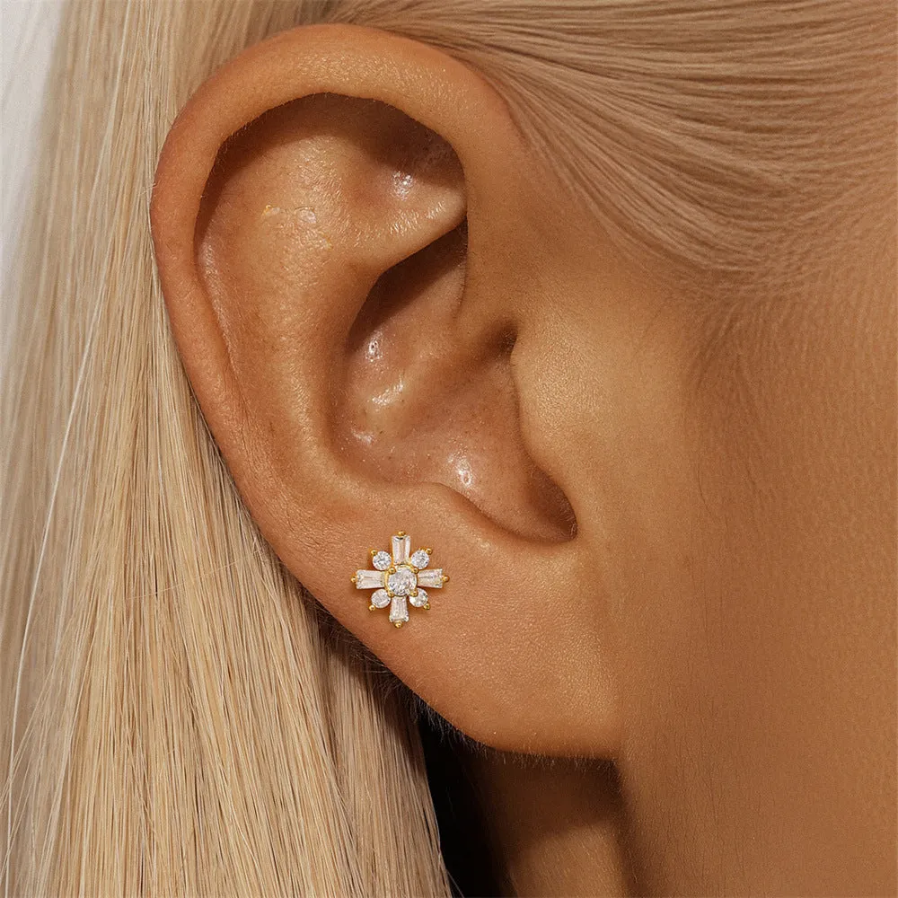 925 Silver Snowflake CZ Diamond Flat Back Earrings