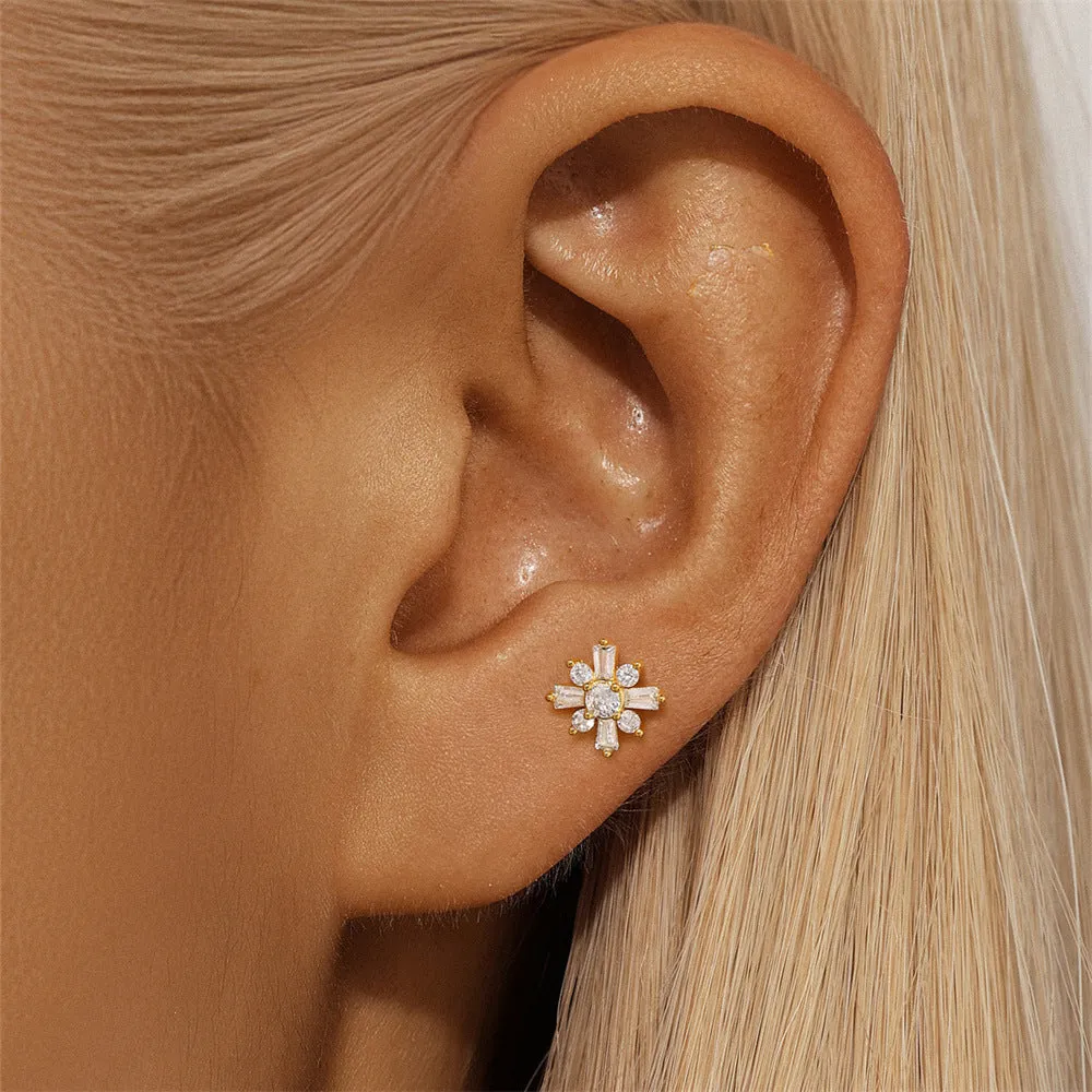 925 Silver Snowflake CZ Diamond Flat Back Earrings