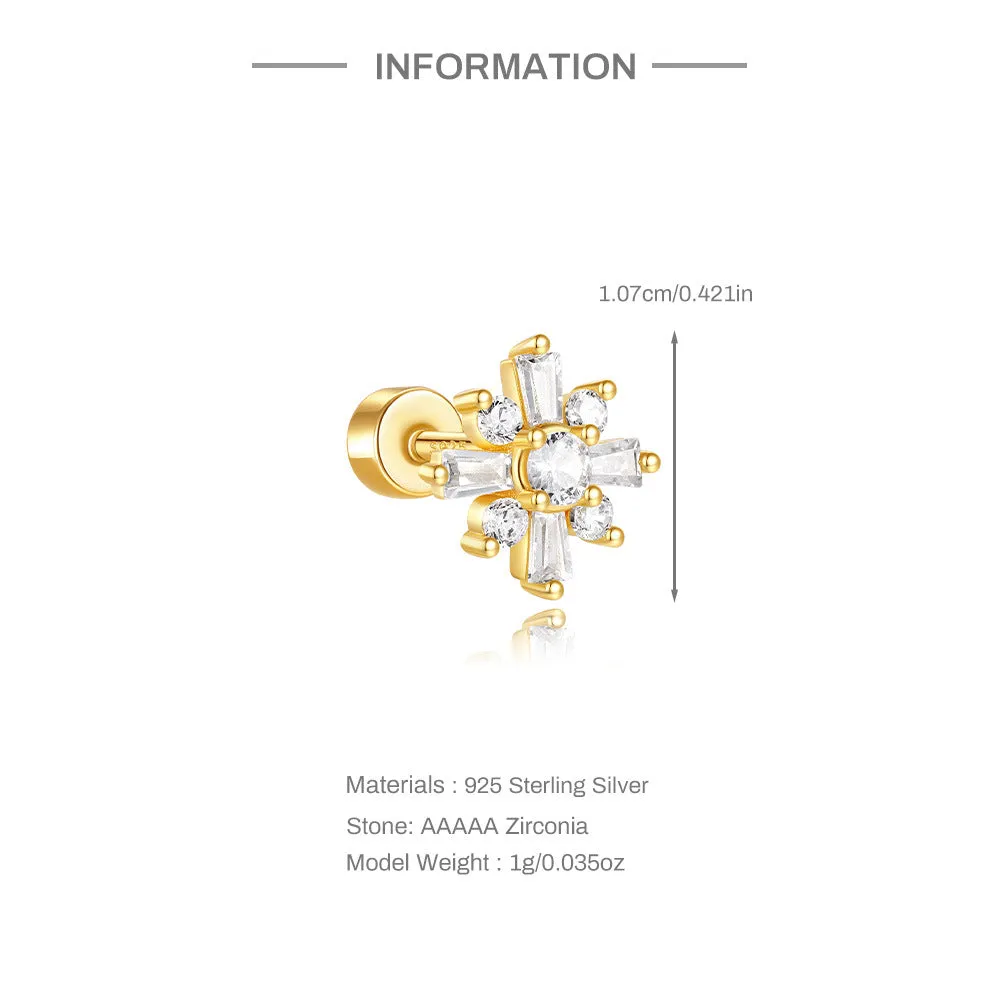 925 Silver Snowflake CZ Diamond Flat Back Earrings