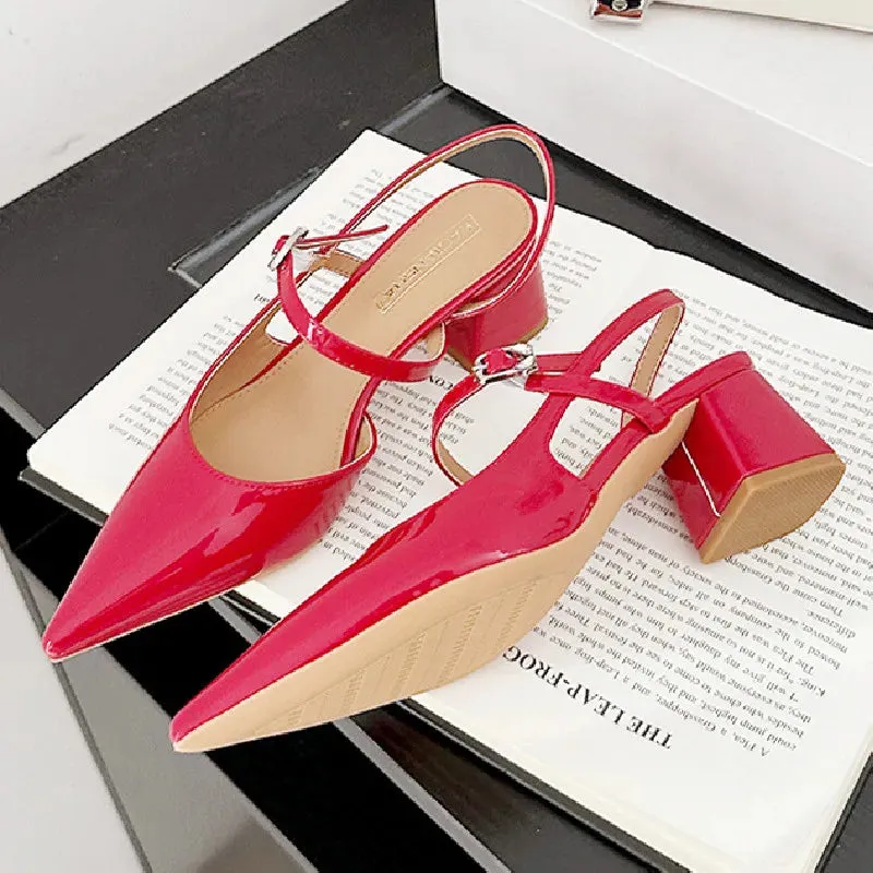 ADVBRIDGE  -  High Quality Patent Leather Buckle Women Sandals Pointed Toe Back Strap Slide Sandals Fashion Comfort hoof heels Designer Shoes
