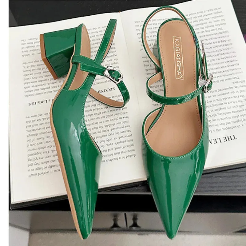 ADVBRIDGE  -  High Quality Patent Leather Buckle Women Sandals Pointed Toe Back Strap Slide Sandals Fashion Comfort hoof heels Designer Shoes