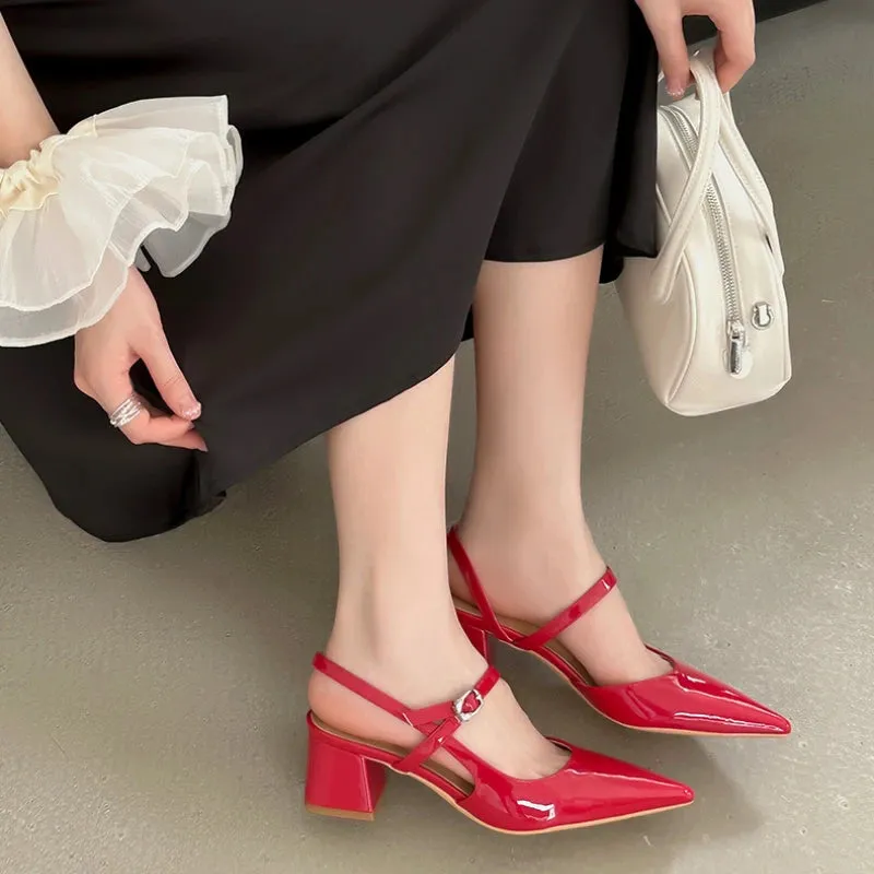 ADVBRIDGE  -  High Quality Patent Leather Buckle Women Sandals Pointed Toe Back Strap Slide Sandals Fashion Comfort hoof heels Designer Shoes