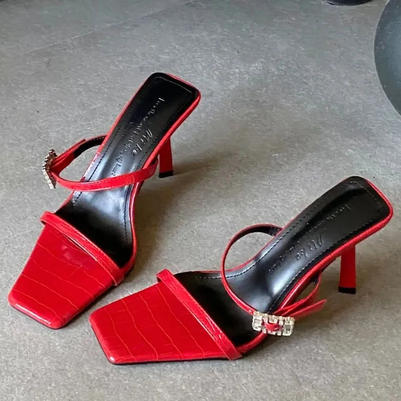 ADVBRIDGE  -  Luxury Rhinestone Buckle Women Sandals Square Toe Open-toe Thin Heel Designer Shoes Summer Fashion Comfort Non-slip Slide Sandal