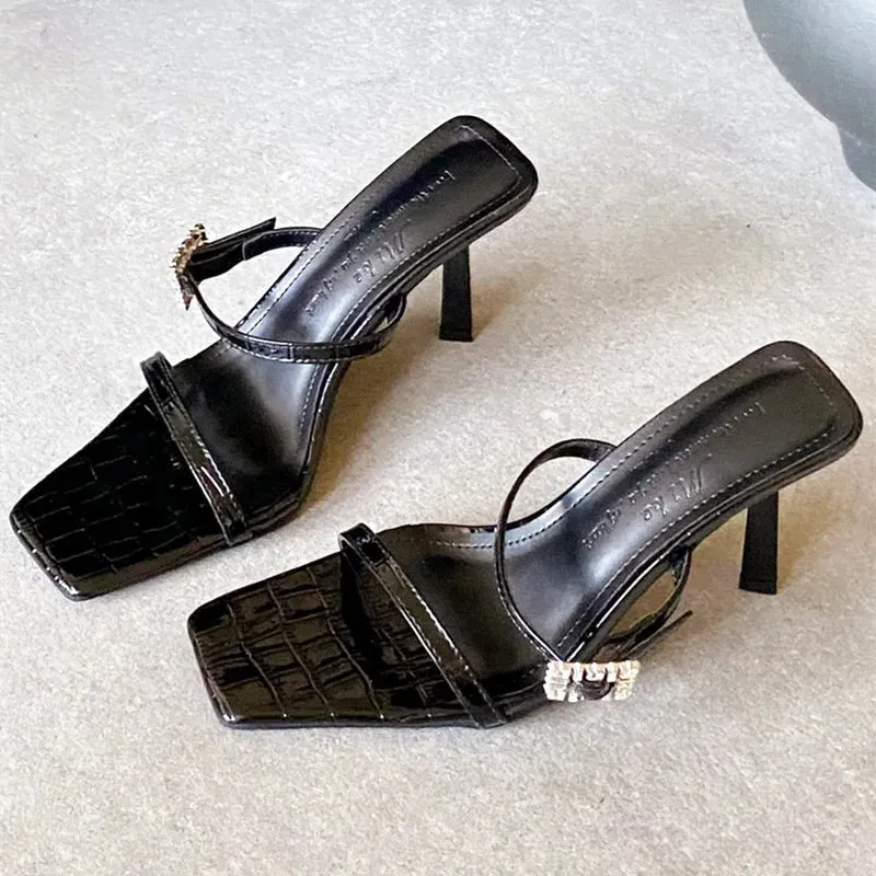ADVBRIDGE  -  Luxury Rhinestone Buckle Women Sandals Square Toe Open-toe Thin Heel Designer Shoes Summer Fashion Comfort Non-slip Slide Sandal