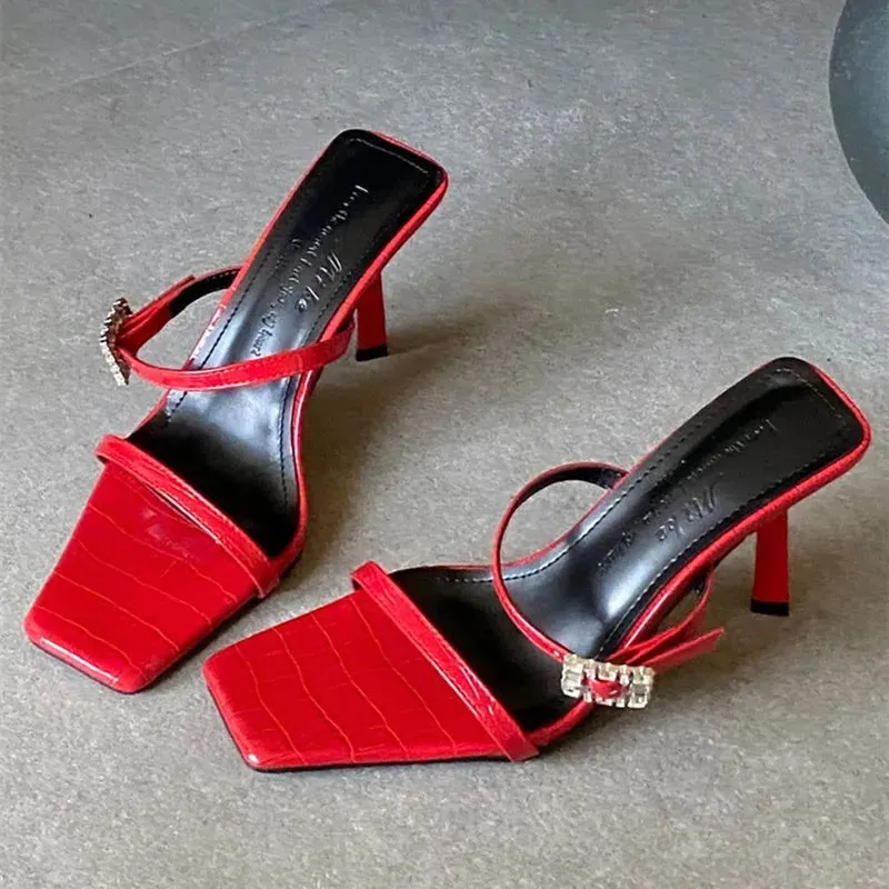 ADVBRIDGE  -  Luxury Rhinestone Buckle Women Sandals Square Toe Open-toe Thin Heel Designer Shoes Summer Fashion Comfort Non-slip Slide Sandal