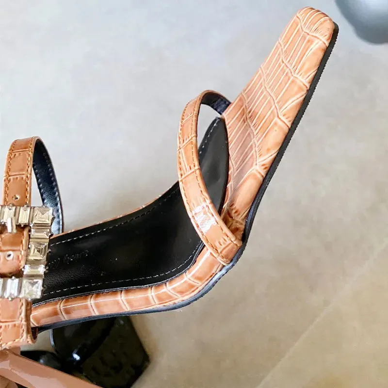 ADVBRIDGE  -  Luxury Rhinestone Buckle Women Sandals Square Toe Open-toe Thin Heel Designer Shoes Summer Fashion Comfort Non-slip Slide Sandal