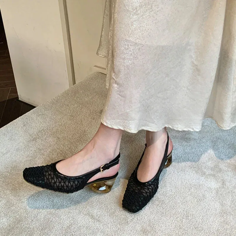 ADVBRIDGE  -  Spring Summer Luxury Designer Sandals Women Lace Mesh Square Toe Shallow Slingback Mule Shoe Slip On Heel Pumps Dress Mujer