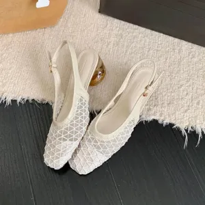 ADVBRIDGE  -  Spring Summer Luxury Designer Sandals Women Lace Mesh Square Toe Shallow Slingback Mule Shoe Slip On Heel Pumps Dress Mujer