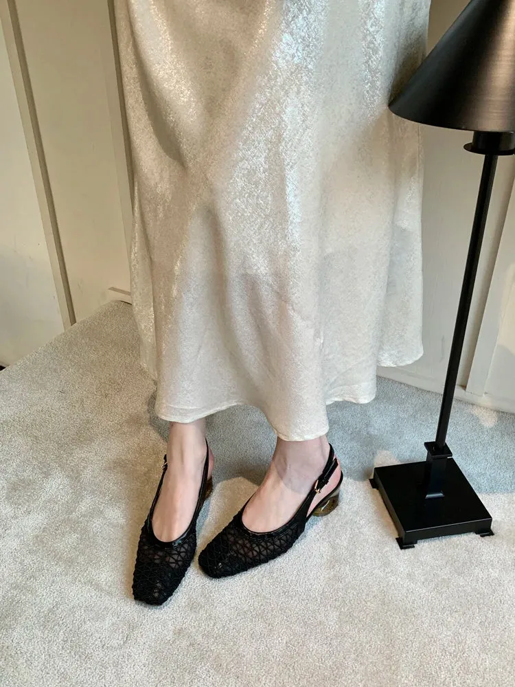 ADVBRIDGE  -  Spring Summer Luxury Designer Sandals Women Lace Mesh Square Toe Shallow Slingback Mule Shoe Slip On Heel Pumps Dress Mujer