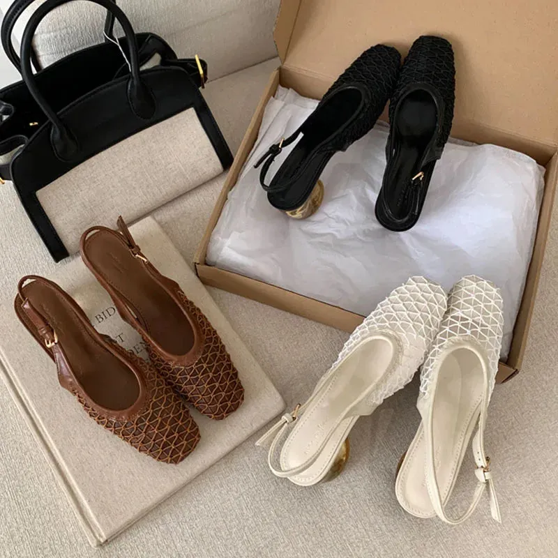 ADVBRIDGE  -  Spring Summer Luxury Designer Sandals Women Lace Mesh Square Toe Shallow Slingback Mule Shoe Slip On Heel Pumps Dress Mujer
