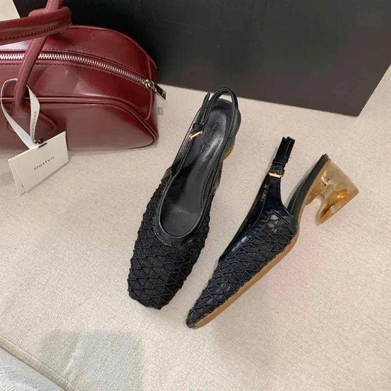 ADVBRIDGE  -  Spring Summer Luxury Designer Sandals Women Lace Mesh Square Toe Shallow Slingback Mule Shoe Slip On Heel Pumps Dress Mujer