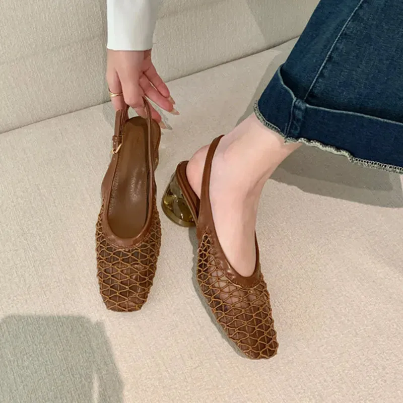ADVBRIDGE  -  Spring Summer Luxury Designer Sandals Women Lace Mesh Square Toe Shallow Slingback Mule Shoe Slip On Heel Pumps Dress Mujer