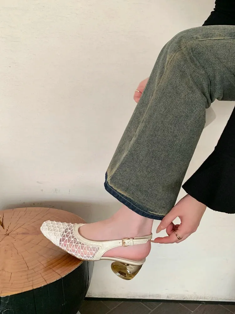 ADVBRIDGE  -  Spring Summer Luxury Designer Sandals Women Lace Mesh Square Toe Shallow Slingback Mule Shoe Slip On Heel Pumps Dress Mujer