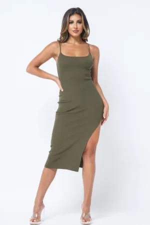 Army Green Side Slit Cami Dress