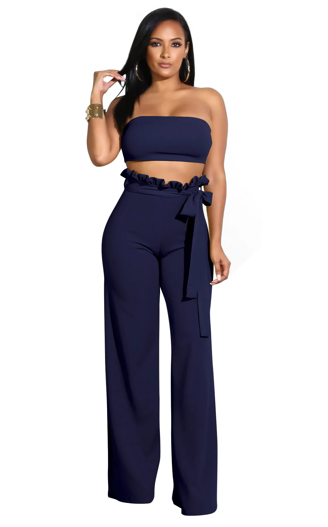 Bandeau Top & Ruffle High-Waist Wide-Leg Pant Set