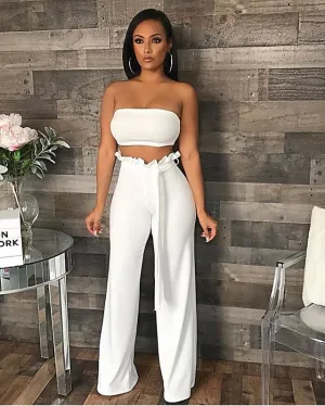 Bandeau Top & Ruffle High-Waist Wide-Leg Pant Set