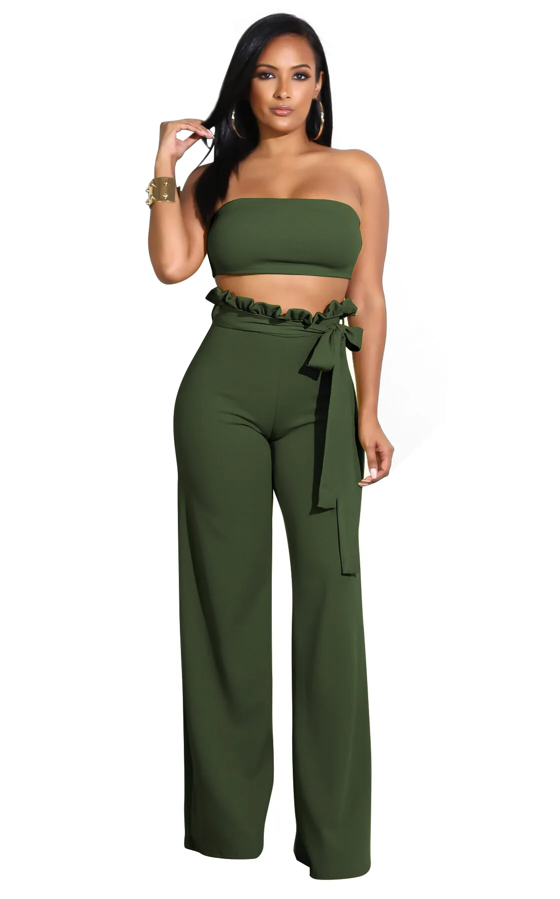 Bandeau Top & Ruffle High-Waist Wide-Leg Pant Set