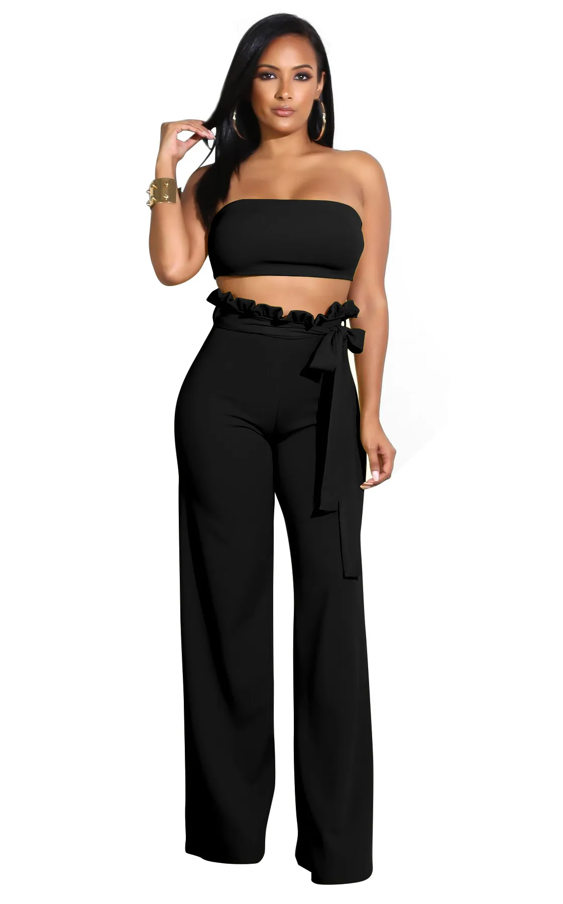 Bandeau Top & Ruffle High-Waist Wide-Leg Pant Set