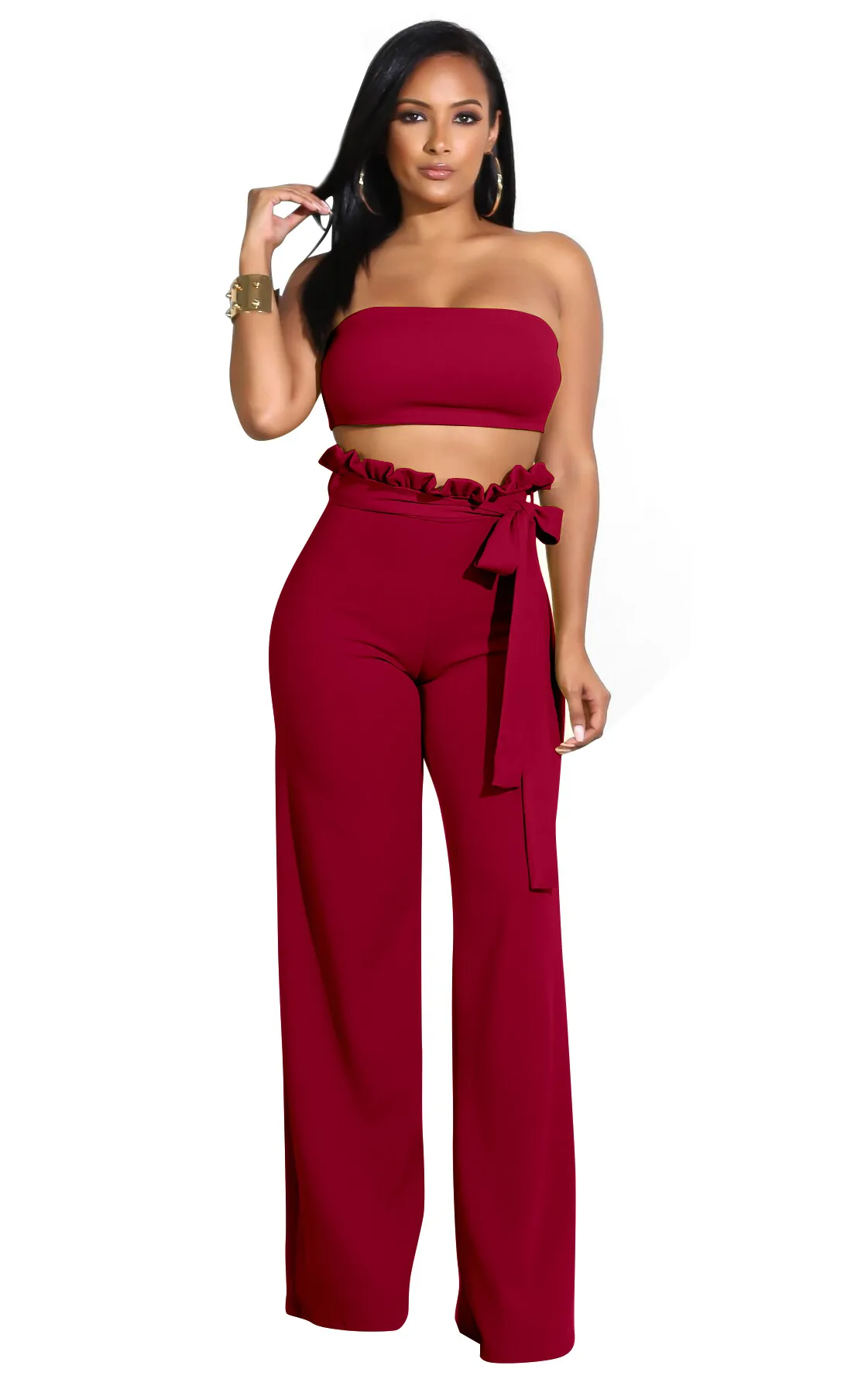 Bandeau Top & Ruffle High-Waist Wide-Leg Pant Set