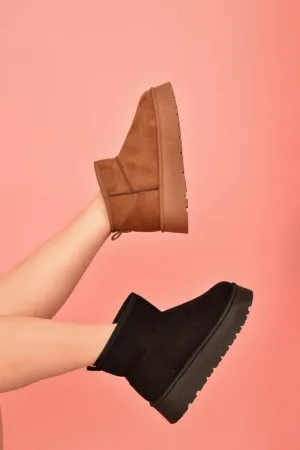 Black Suede Round Toe Platform Booties
