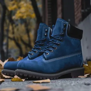 Blue Nubuck Leather Allegro Ankle Rugged Lace Up Combat Hiking Boots with Chunky Track Sole - Boots
