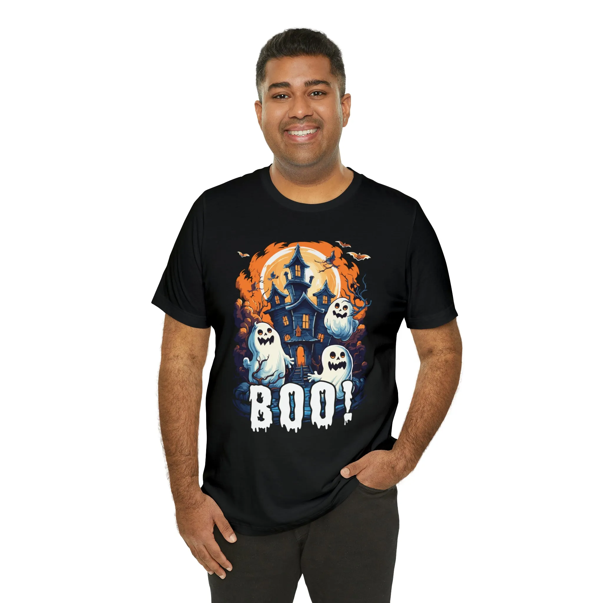 Boo! Haunted House Halloween T-Shirt | Scary House with Ghosts Tee |  Bella Canvas 3001Unisex | Spooky Short Sleeve Tshirt