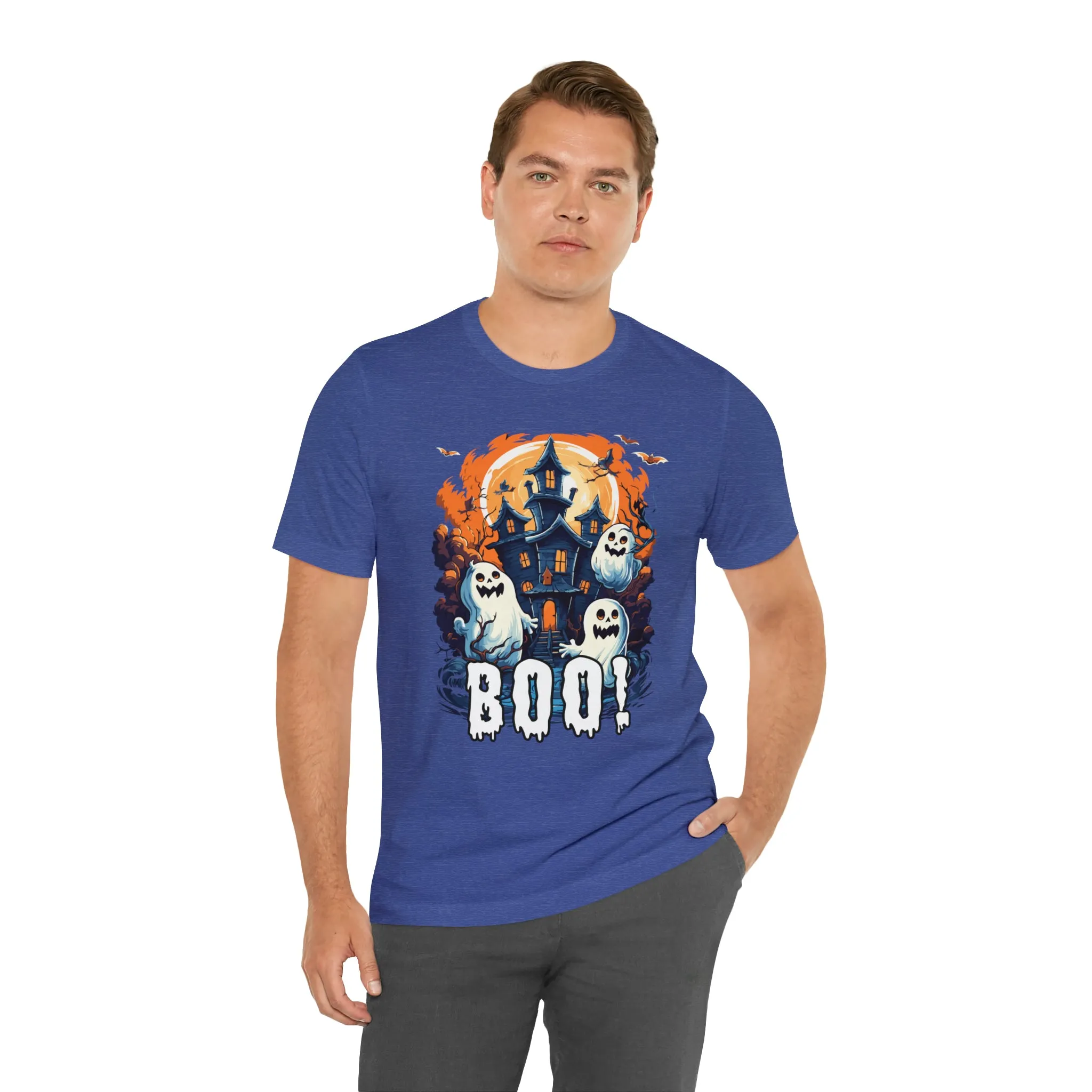 Boo! Haunted House Halloween T-Shirt | Scary House with Ghosts Tee |  Bella Canvas 3001Unisex | Spooky Short Sleeve Tshirt
