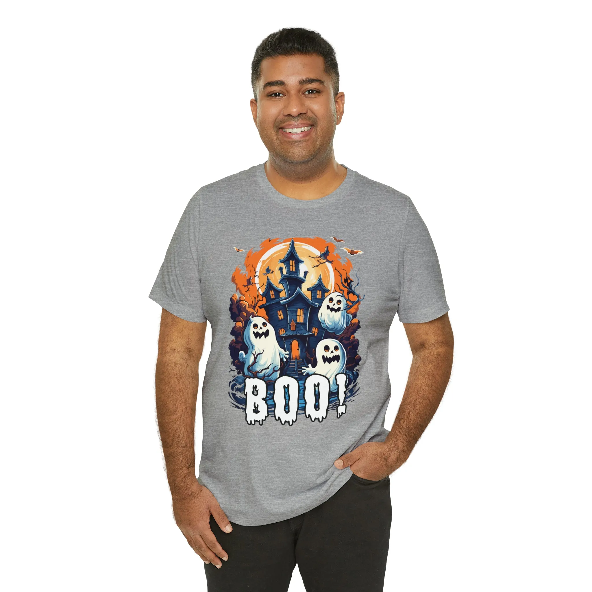Boo! Haunted House Halloween T-Shirt | Scary House with Ghosts Tee |  Bella Canvas 3001Unisex | Spooky Short Sleeve Tshirt
